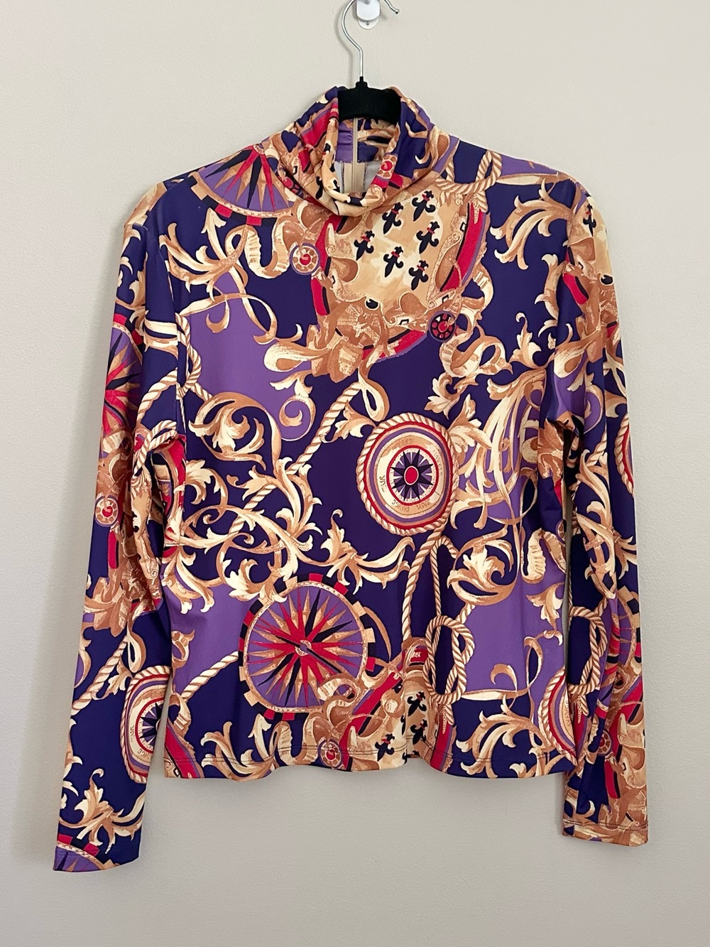St. John Sport Mock Neck Top Purple Gold Nautical Compass Print Size SM luxury